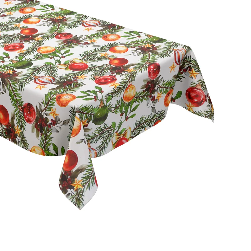 Wachstuch Tischdecke geprägt B5091-01 weiß Weihnachten Christbaumkugeln und Tannenzweige eckig rund oval