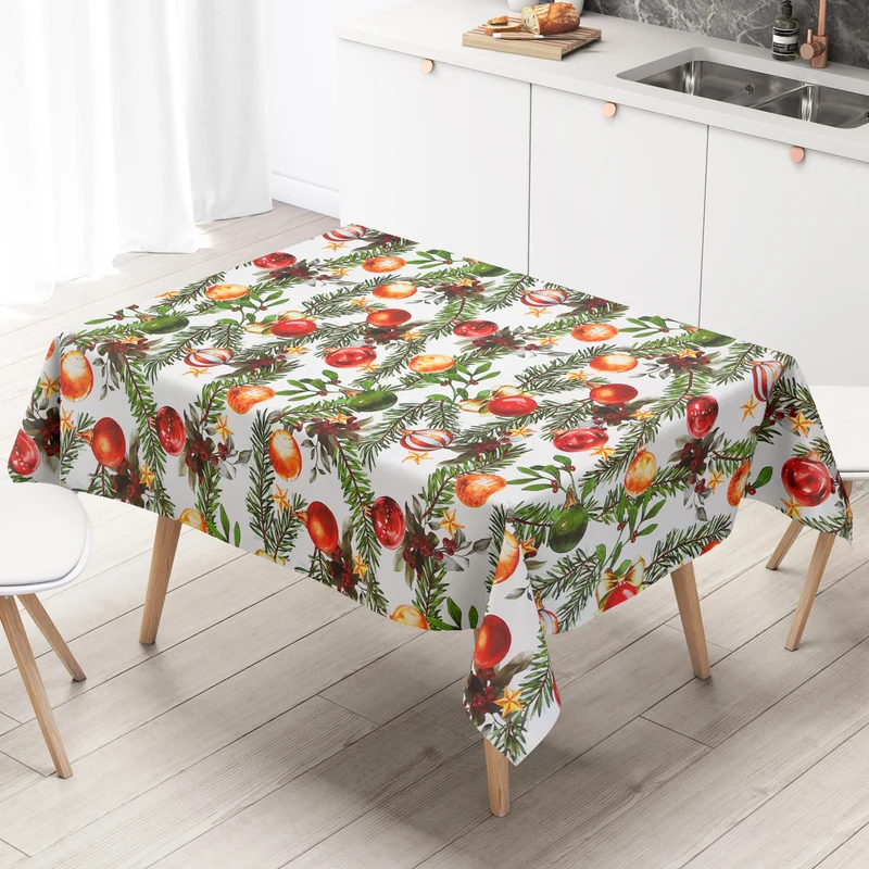 Wachstuch Tischdecke geprägt B5091-01 weiß Weihnachten Christbaumkugeln und Tannenzweige eckig rund oval