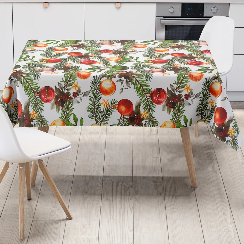 Wachstuch Tischdecke geprägt B5091-01 weiß Weihnachten Christbaumkugeln und Tannenzweige eckig rund oval