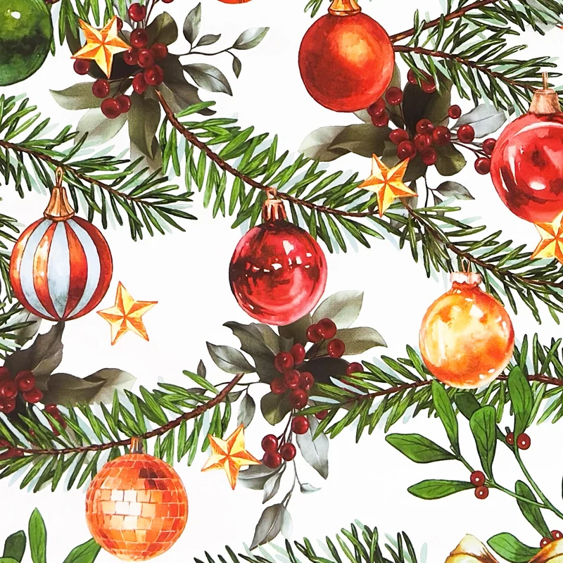 Wachstuch Tischdecke geprägt B5091-01 weiß Weihnachten Christbaumkugeln und Tannenzweige eckig rund oval