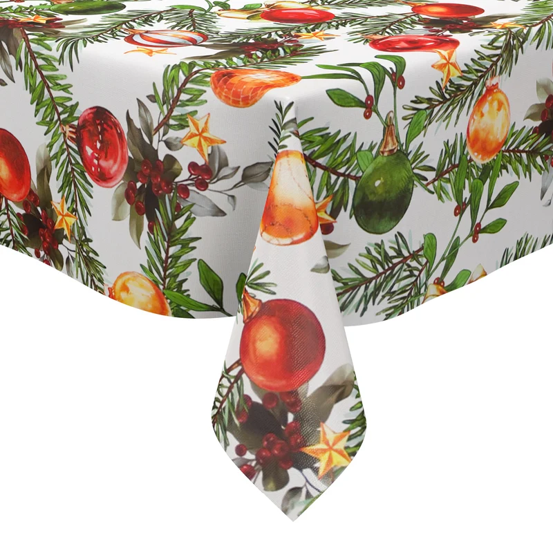 Wachstuch Tischdecke geprägt B5091-01 weiß Weihnachten Christbaumkugeln und Tannenzweige eckig rund oval