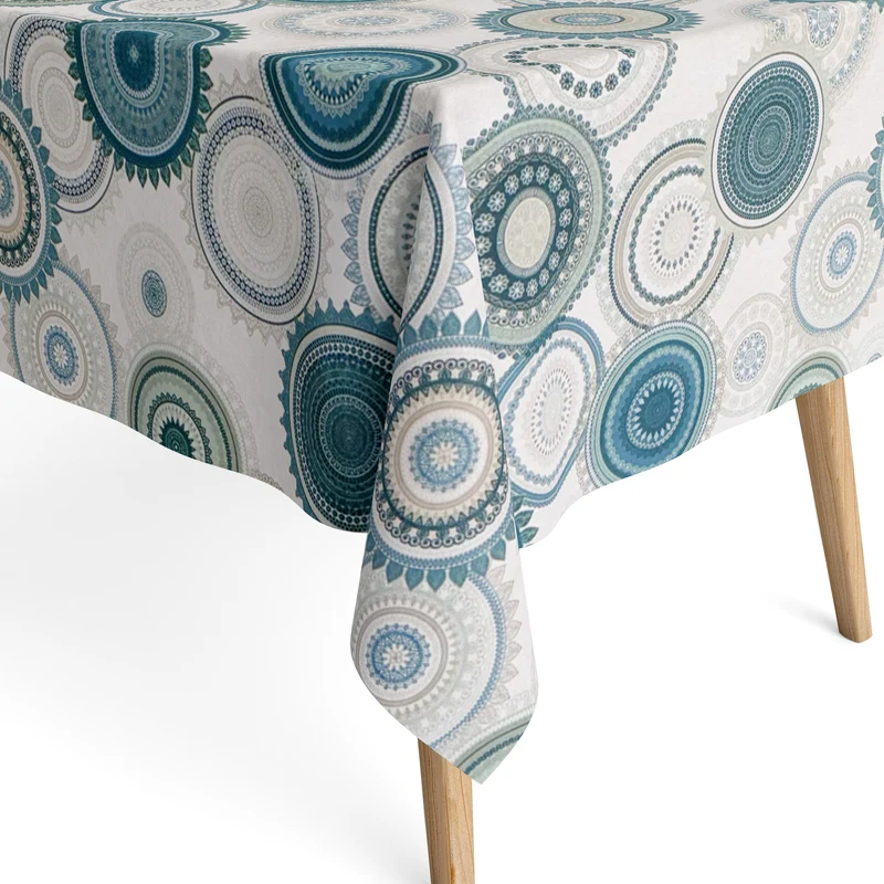 Jacquard Tischdecke aus beschichteter Baumwolle mit Fleckenschutz MANDALA16 petrolfarben Mandala eckig rund oval