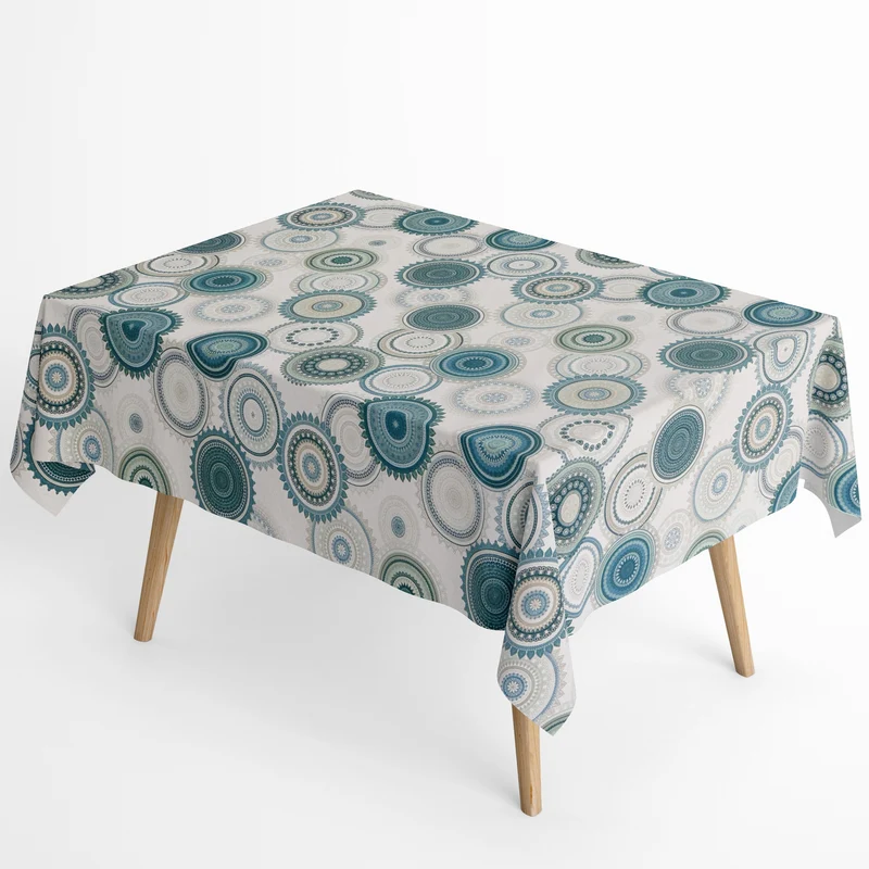 Jacquard Tischdecke aus beschichteter Baumwolle mit Fleckenschutz MANDALA16 petrolfarben Mandala eckig rund oval