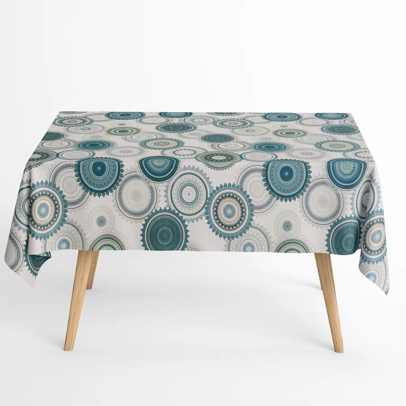 Jacquard Tischdecke aus beschichteter Baumwolle mit Fleckenschutz MANDALA16 petrolfarben Mandala eckig rund oval