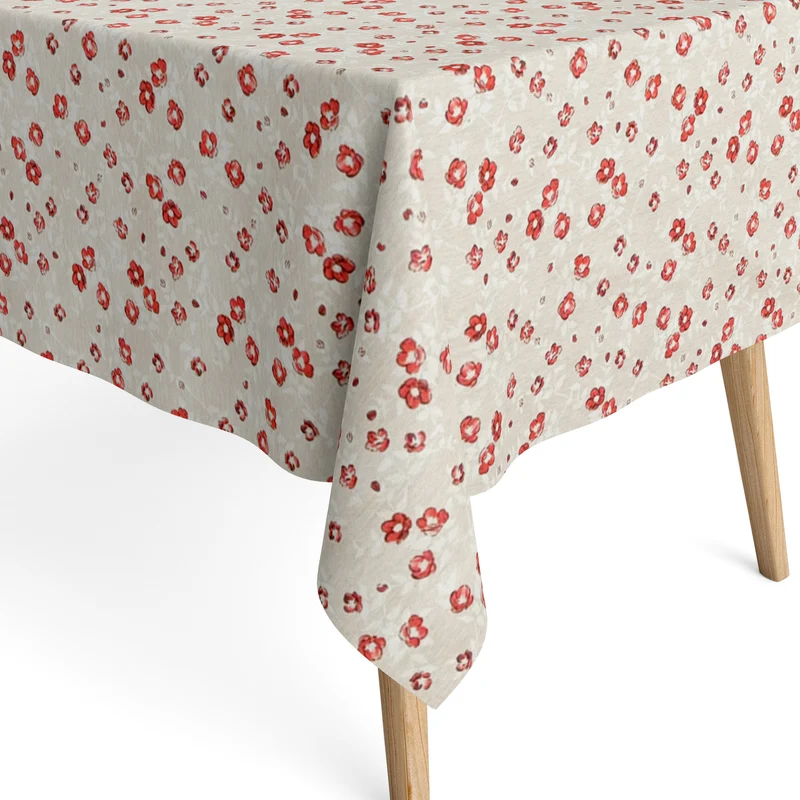 Jacquard Tischdecke aus beschichteter Baumwolle mit Fleckenschutz LLERENA rote Blüten auf beige eckig rund oval