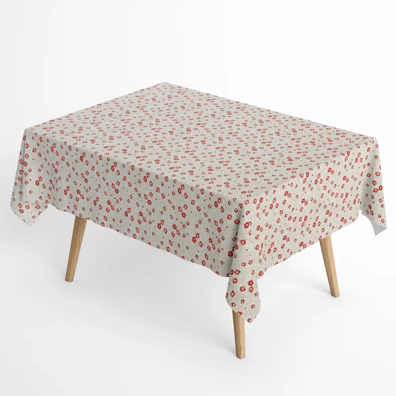Jacquard Tischdecke aus beschichteter Baumwolle mit Fleckenschutz LLERENA rote Blüten auf beige eckig rund oval