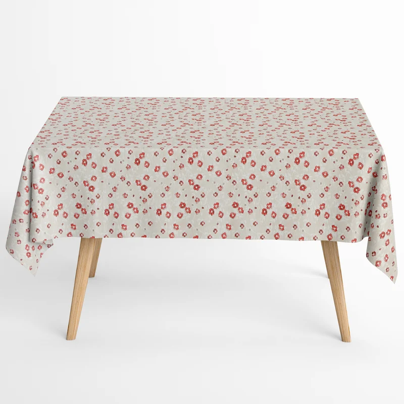 Jacquard Tischdecke aus beschichteter Baumwolle mit Fleckenschutz LLERENA rote Blüten auf beige eckig rund oval