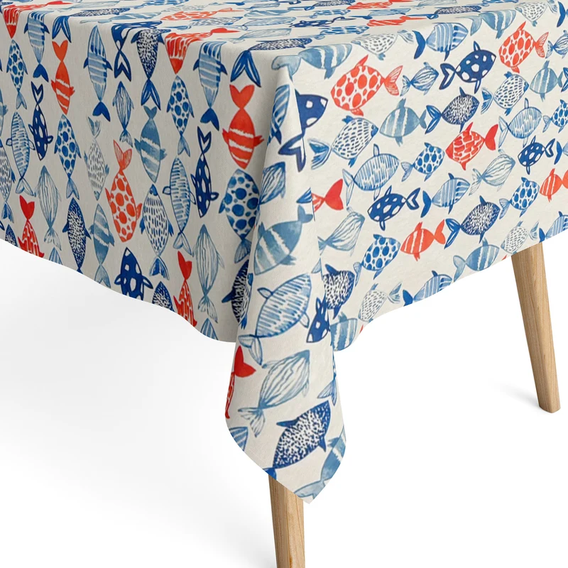 Jacquard Tischdecke aus beschichteter Baumwolle mit Fleckenschutz FLUIAD maritim Fische eckig rund oval
