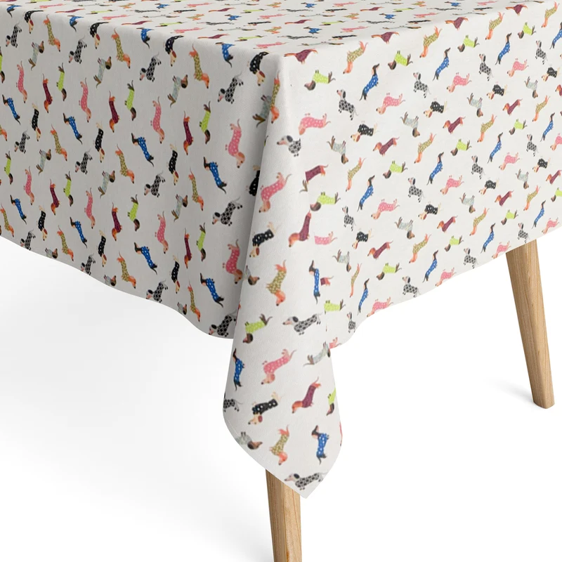 Jacquard Tischdecke aus beschichteter Baumwolle mit Fleckenschutz CAVI bunte Dackel Hunde eckig rund oval