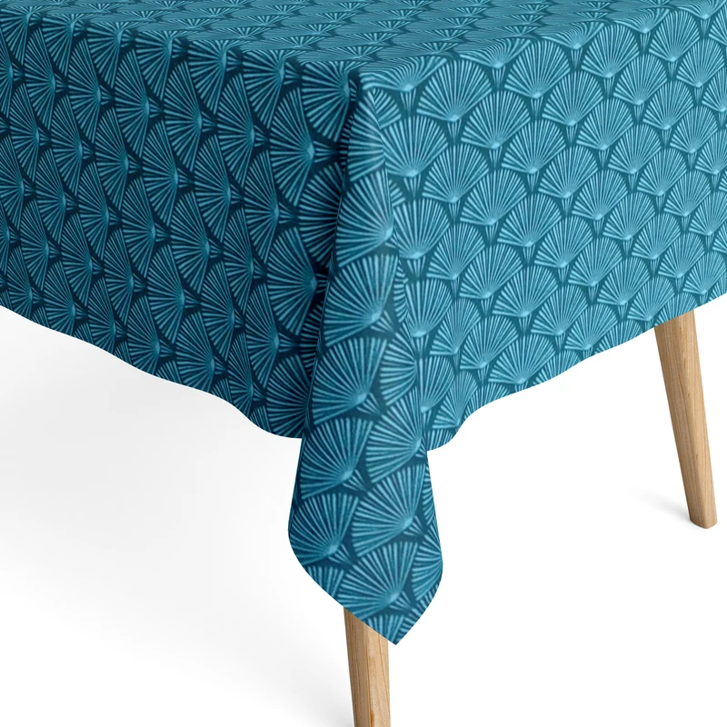 Jacquard Tischdecke aus beschichteter Baumwolle mit Fleckenschutz THEO petrol Fächer eckig rund oval