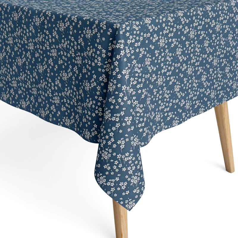 Jacquard Tischdecke aus beschichteter Baumwolle mit Fleckenschutz MILFLORES blau zarte Blümchen eckig rund oval