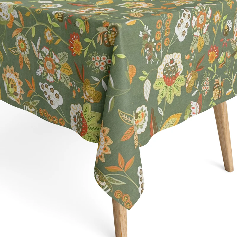 Jacquard Tischdecke aus beschichteter Baumwolle mit Fleckenschutz ORVIDEA469 grün BOHO Blumenwiese eckig rund oval