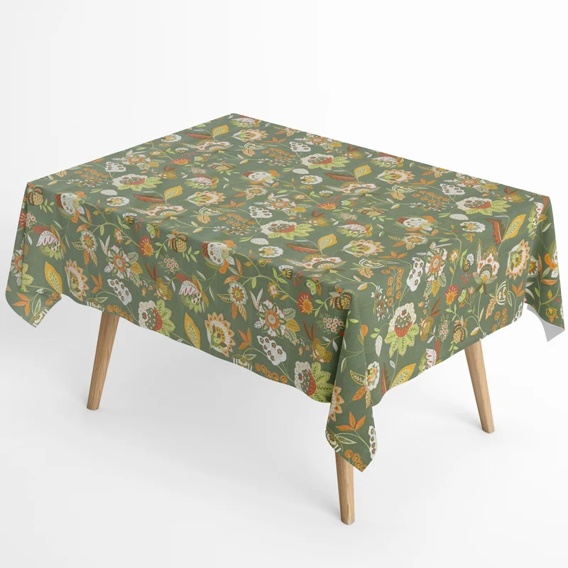 Jacquard Tischdecke aus beschichteter Baumwolle mit Fleckenschutz ORVIDEA469 grün BOHO Blumenwiese eckig rund oval