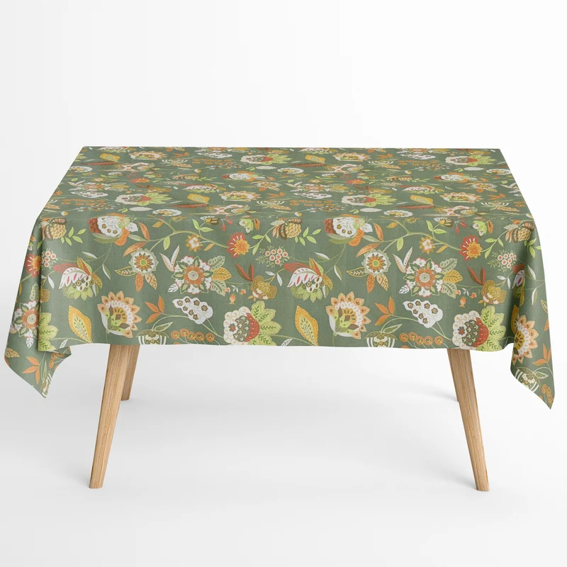 Jacquard Tischdecke aus beschichteter Baumwolle mit Fleckenschutz ORVIDEA469 grün BOHO Blumenwiese eckig rund oval