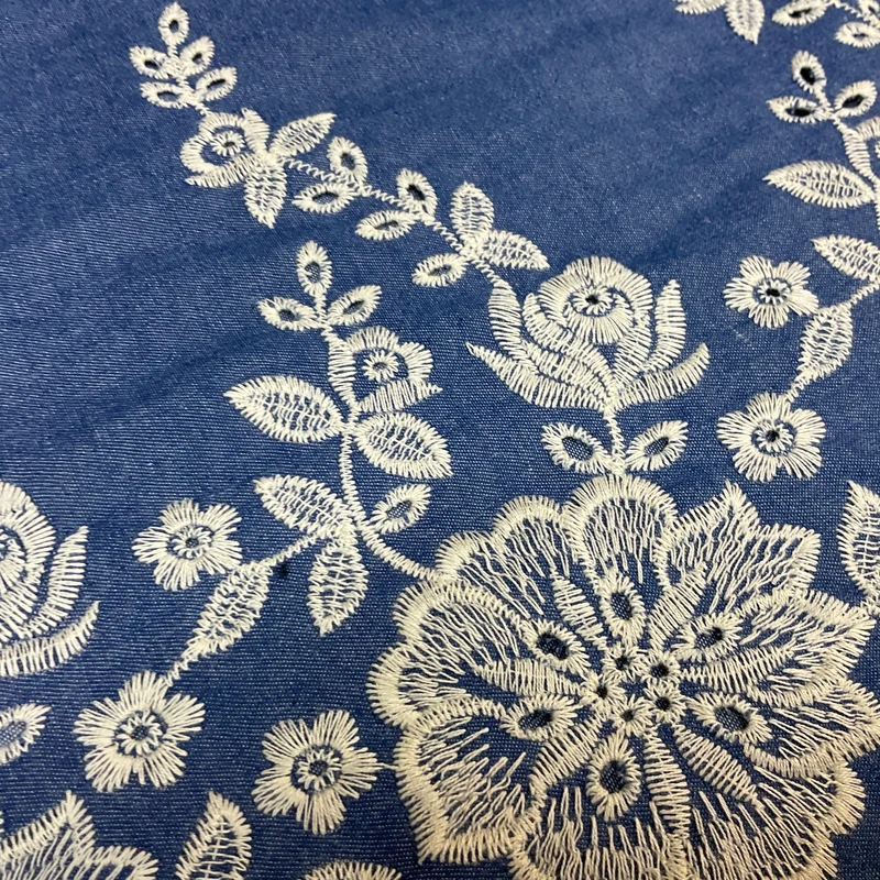 Light Blue Denim One sided Embroidery Trouser Skirt jacket fabric M1819