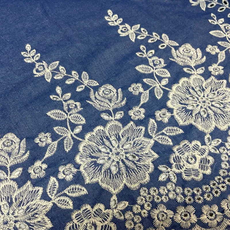 Light Blue Denim One sided Embroidery Trouser Skirt jacket fabric M1819