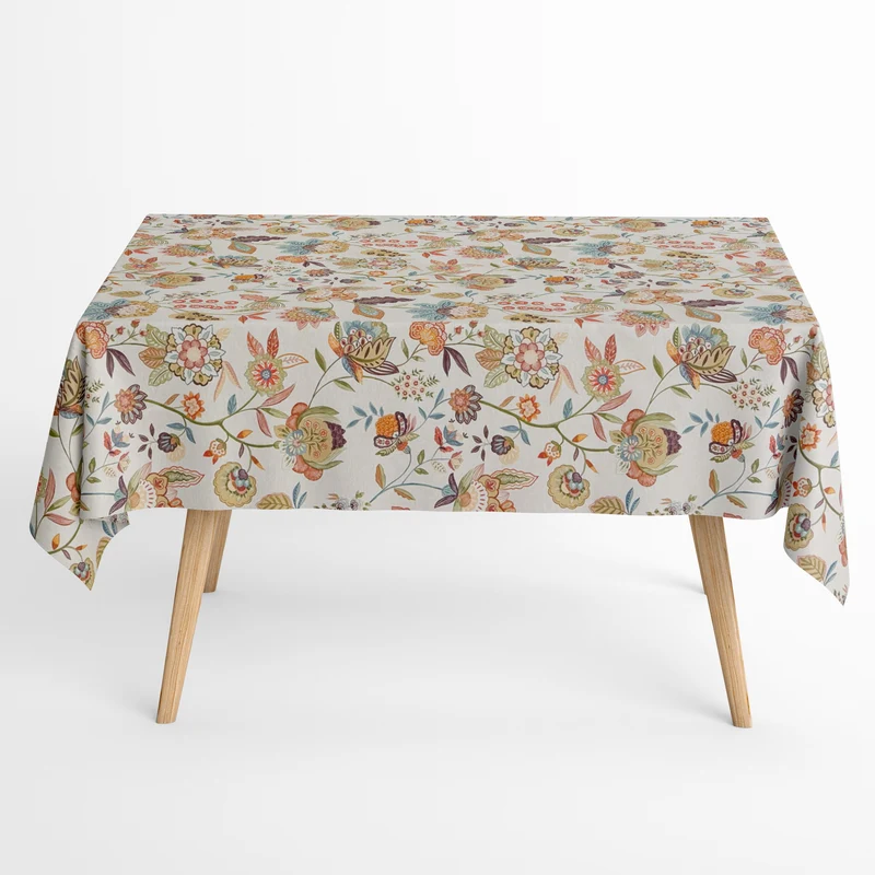 Jacquard Tischdecke aus beschichteter Baumwolle mit Fleckenschutz ORVIDEA461 BOHO Blumenwiese eckig rund oval
