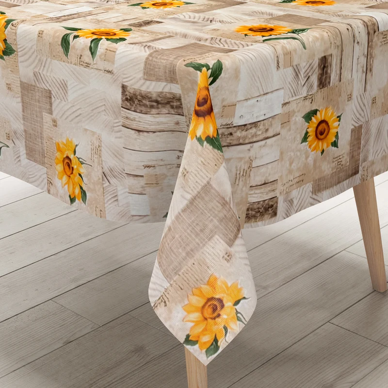 Wachstuch Tischdecke 163A Sonnenblumen auf Holz beige eckig rund oval