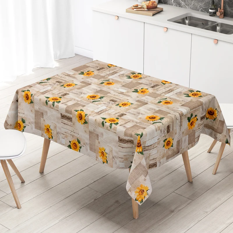 Wachstuch Tischdecke 163A Sonnenblumen auf Holz beige eckig rund oval