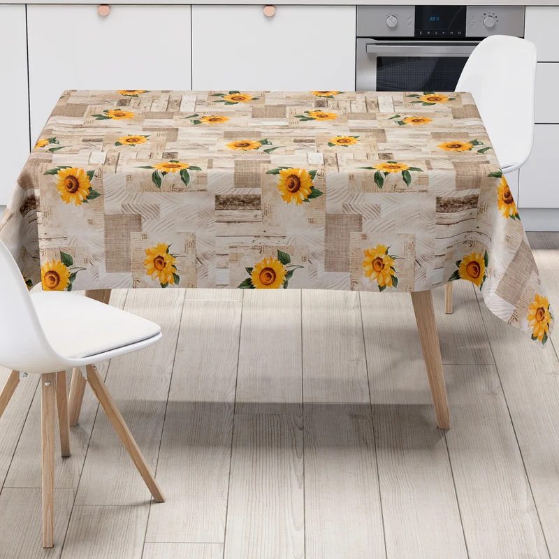 Wachstuch Tischdecke 163A Sonnenblumen auf Holz beige eckig rund oval