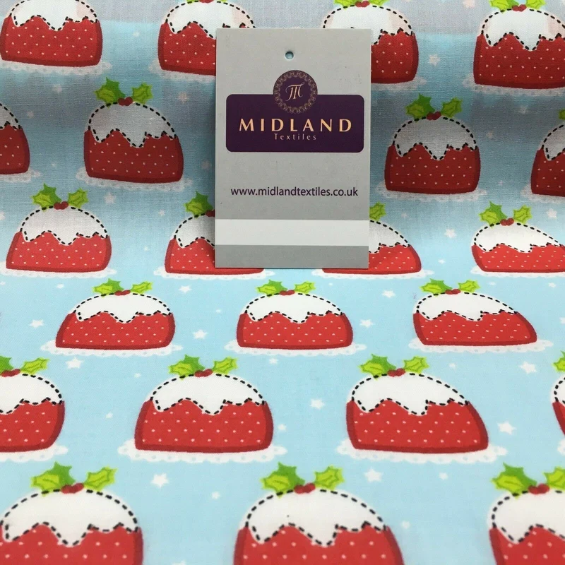 Blue christmas pudding xmas printed polycotton fabric 110 cm md1285 mtex