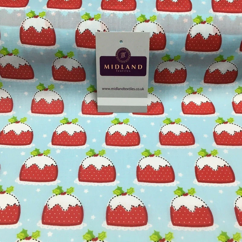 Blue christmas pudding xmas printed polycotton fabric 110 cm md1285 mtex