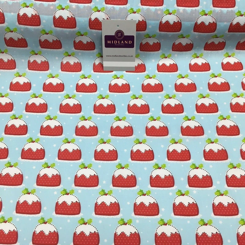 Blue christmas pudding xmas printed polycotton fabric 110 cm md1285 mtex