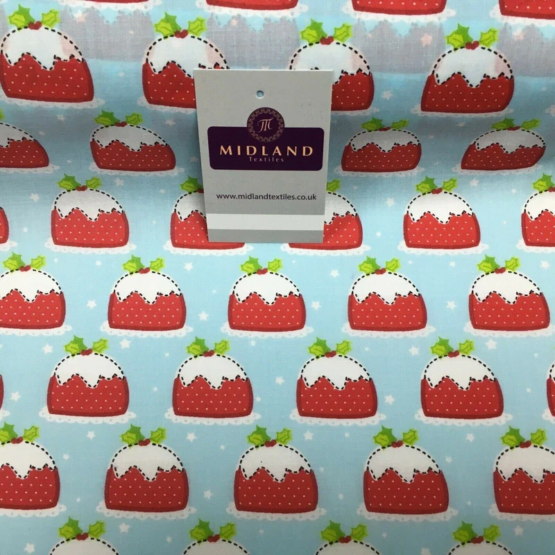 Blue christmas pudding xmas printed polycotton fabric 110 cm md1285 mtex