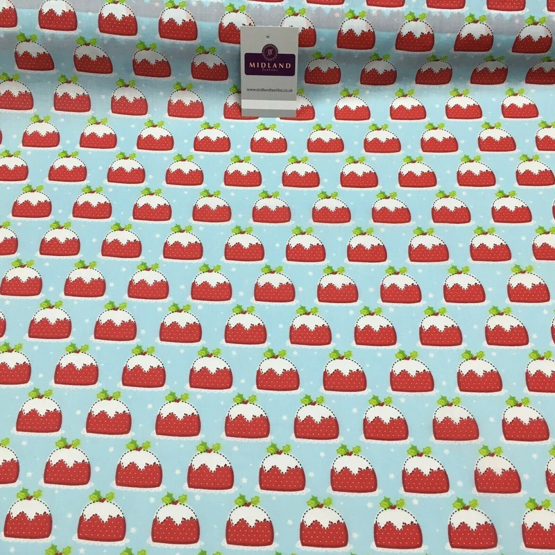 Blue christmas pudding xmas printed polycotton fabric 110 cm md1285 mtex