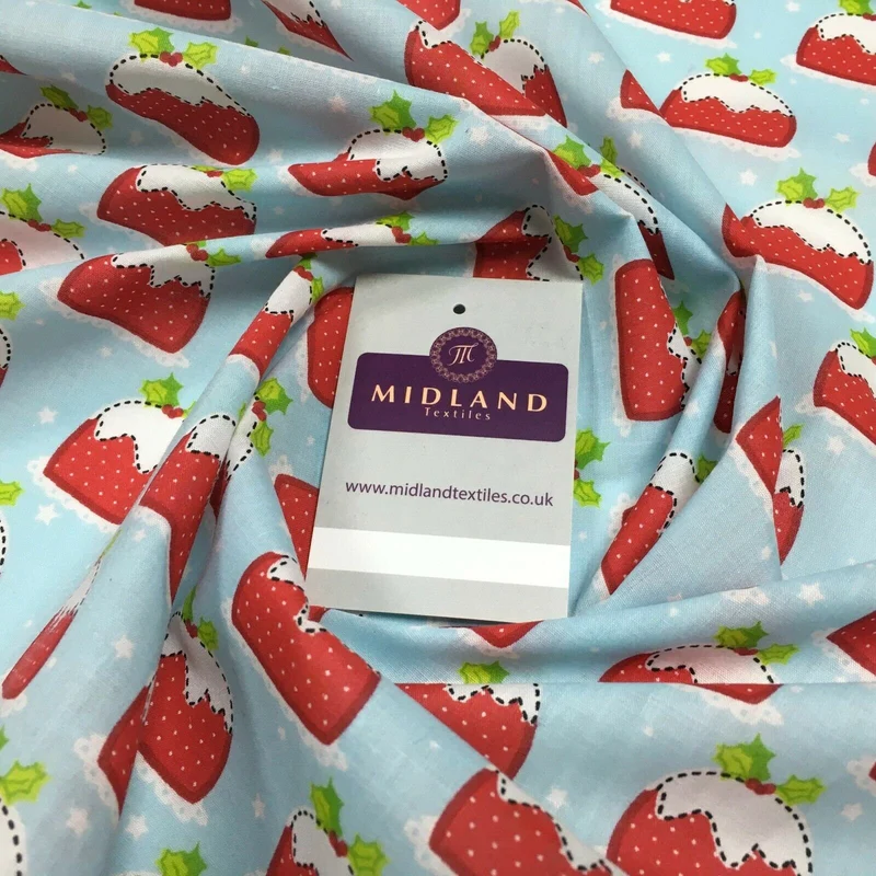 Blue christmas pudding xmas printed polycotton fabric 110 cm md1285 mtex