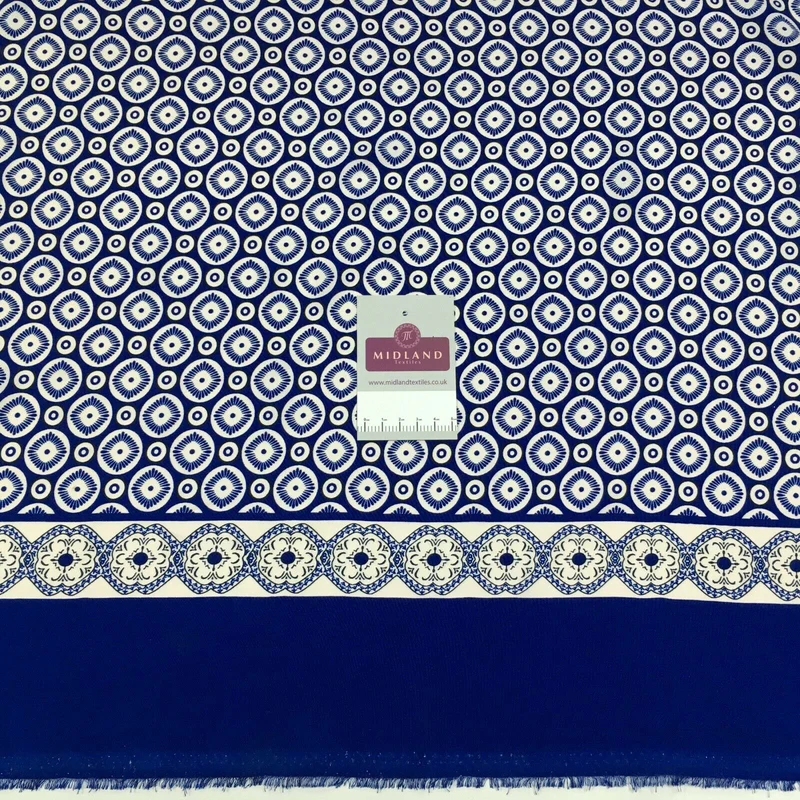 Royal Blue Geometric border Peach crepe Fabric M1400-1 Mtex