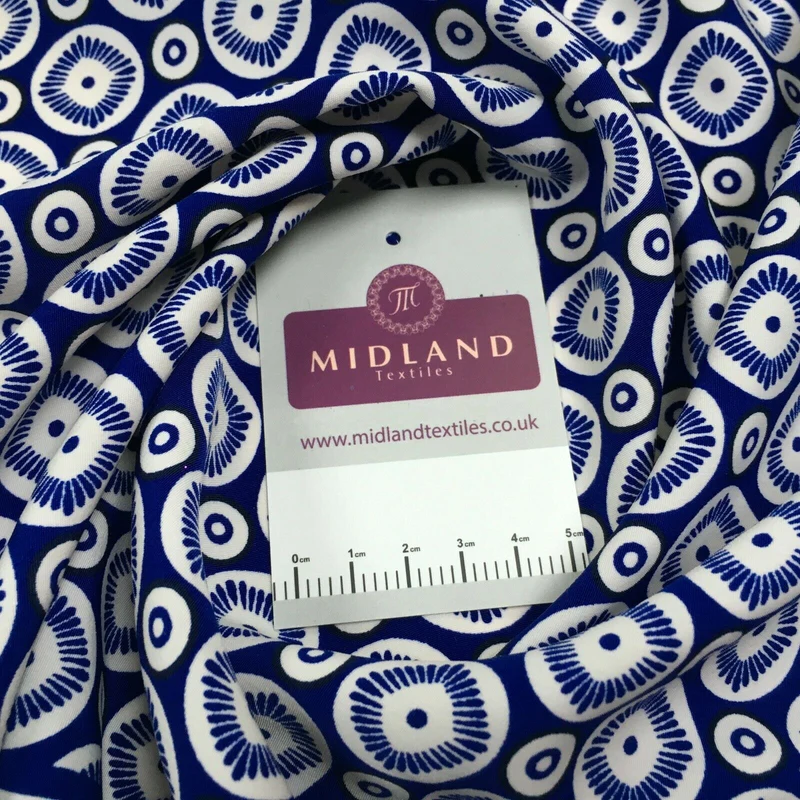Royal Blue Geometric border Peach crepe Fabric M1400-1 Mtex
