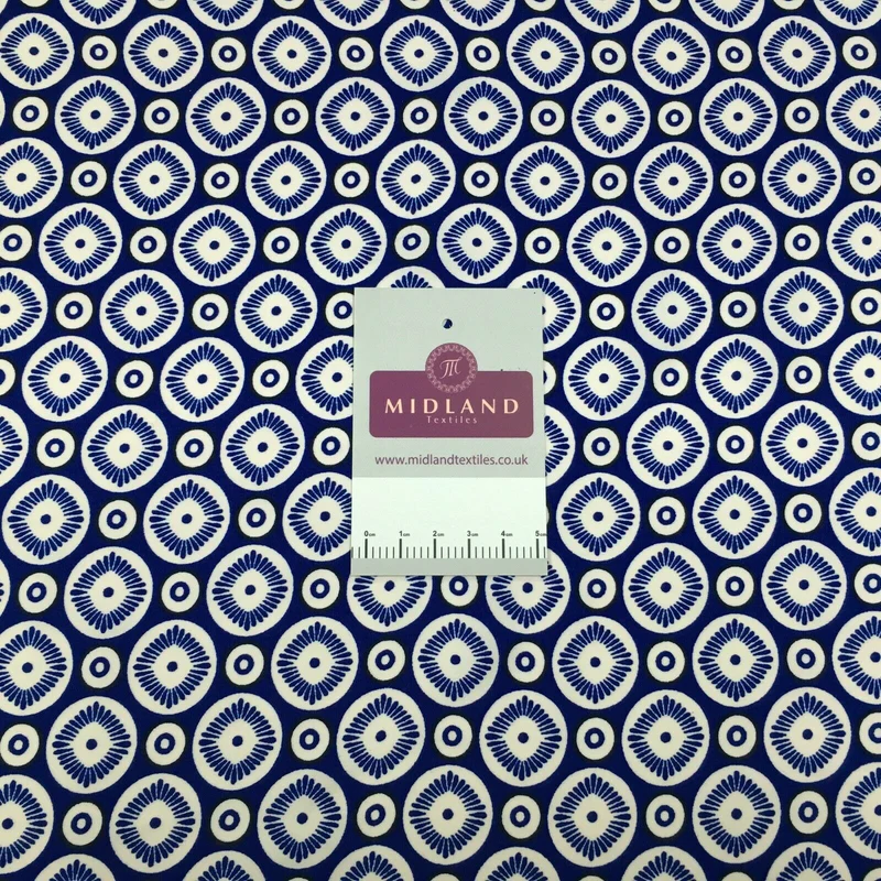 Royal Blue Geometric border Peach crepe Fabric M1400-1 Mtex
