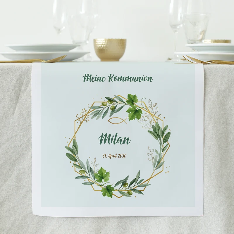 Personalisierter Tischläufer Taufe, Kommunion, Konfirmation oder Firmung mit Blätterkranz & Fischmotiv