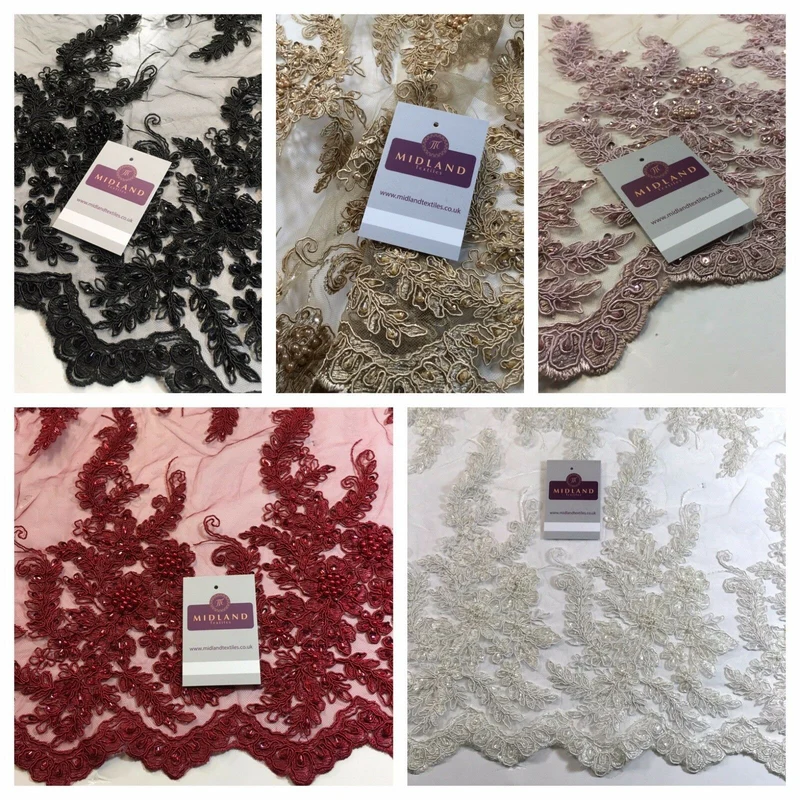 Floral Embellished Beaded Scalloped Edge Net Lace Fabric 58" Wide M780