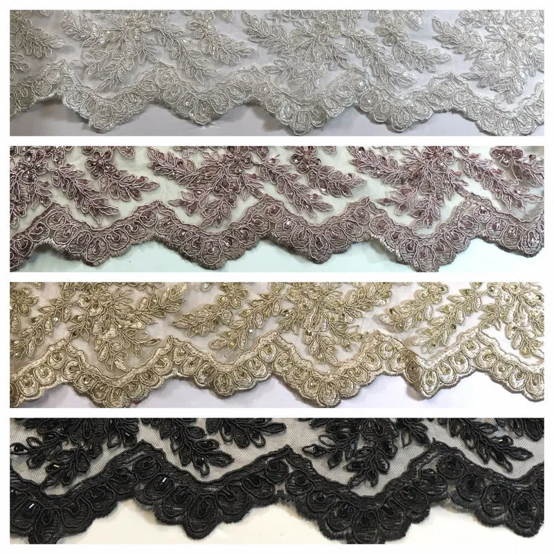 Floral Embellished Beaded Scalloped Edge Net Lace Fabric 58" Wide M780