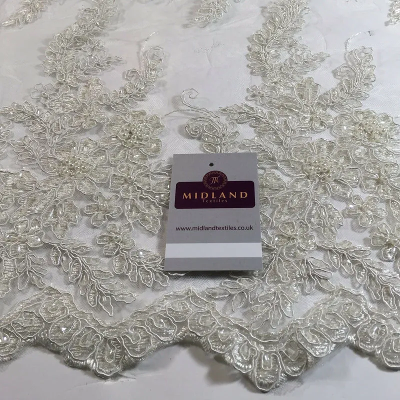Floral Embellished Beaded Scalloped Edge Net Lace Fabric 58" Wide M780