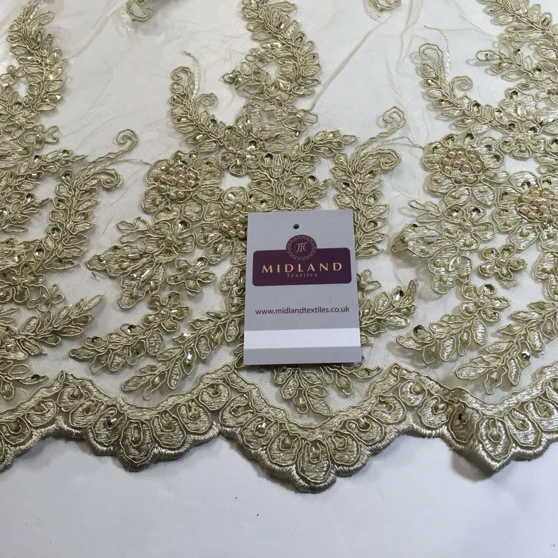 Floral Embellished Beaded Scalloped Edge Net Lace Fabric 58" Wide M780
