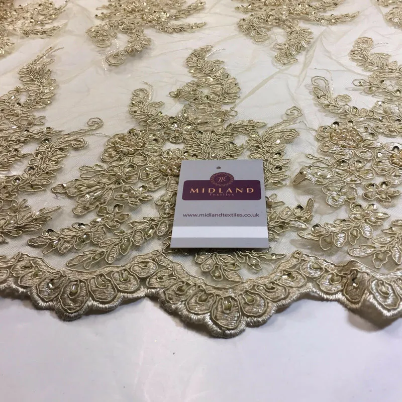Floral Embellished Beaded Scalloped Edge Net Lace Fabric 58" Wide M780