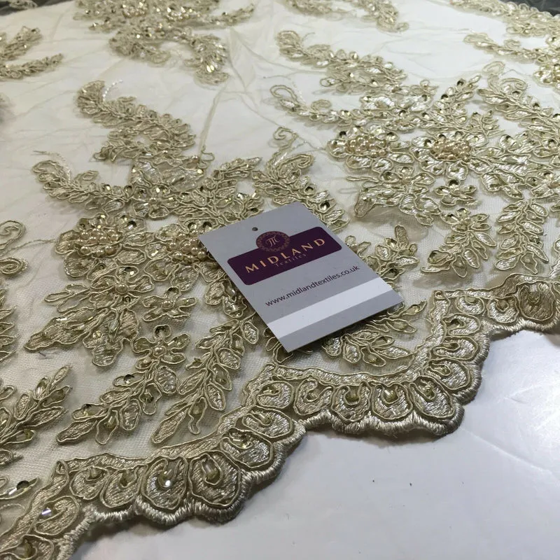 Floral Embellished Beaded Scalloped Edge Net Lace Fabric 58" Wide M780