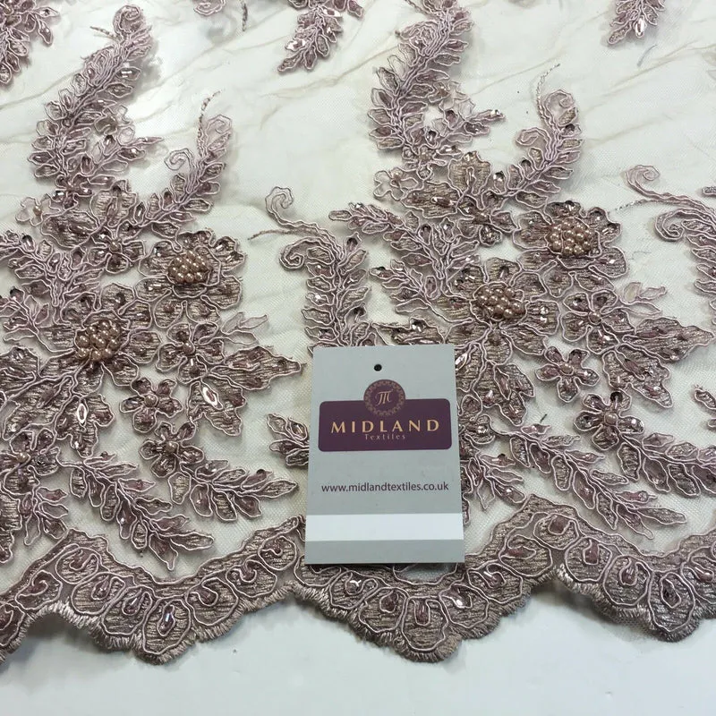 Floral Embellished Beaded Scalloped Edge Net Lace Fabric 58" Wide M780