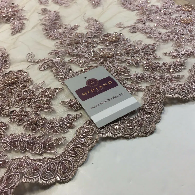 Floral Embellished Beaded Scalloped Edge Net Lace Fabric 58" Wide M780