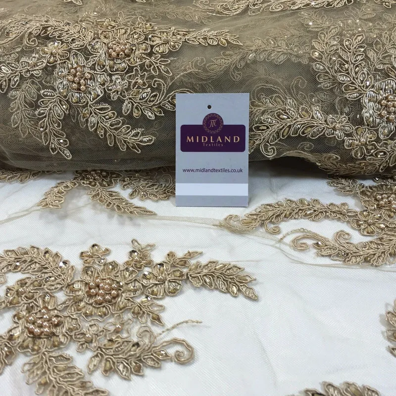 Floral Embellished Beaded Scalloped Edge Net Lace Fabric 58" Wide M780