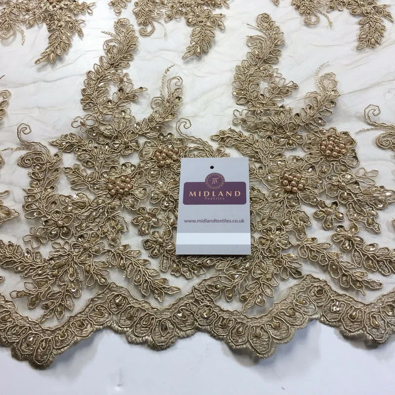 Floral Embellished Beaded Scalloped Edge Net Lace Fabric 58" Wide M780