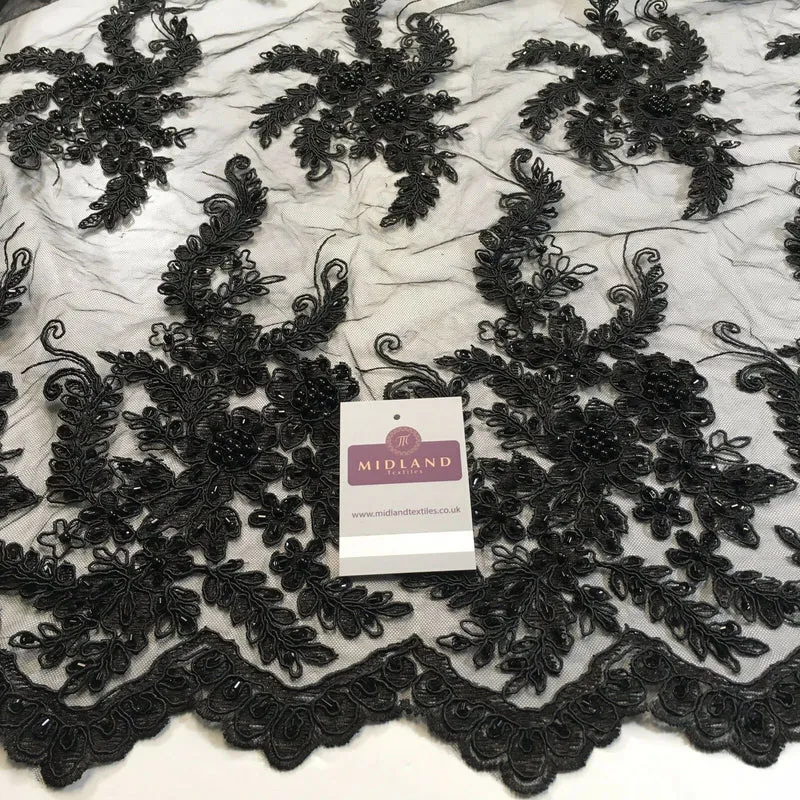 Floral Embellished Beaded Scalloped Edge Net Lace Fabric 58" Wide M780