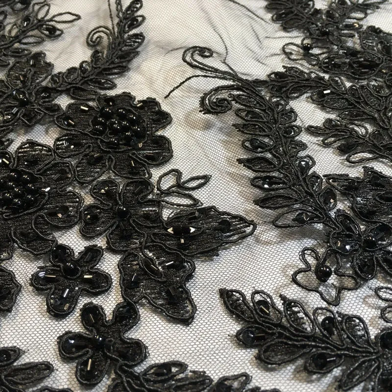Floral Embellished Beaded Scalloped Edge Net Lace Fabric 58" Wide M780