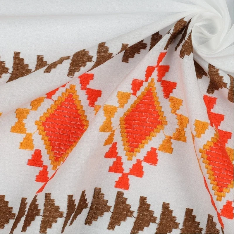 White Brown 1 sided Cotton Embroidery Summer Dress fabric M1813