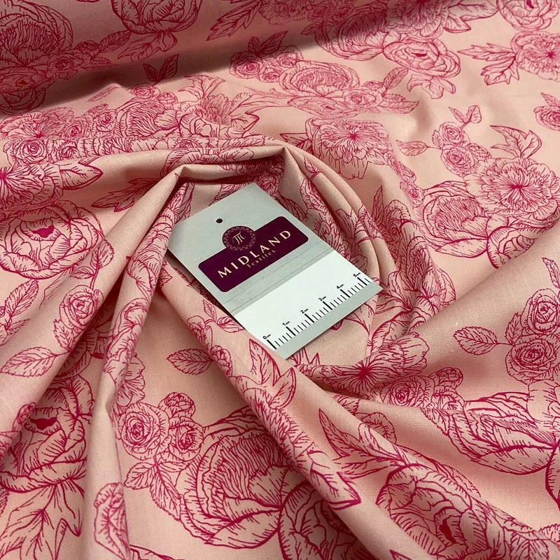 Roses and peony Vintage Floral Poly cotton printed fabric 110cm wide M1698