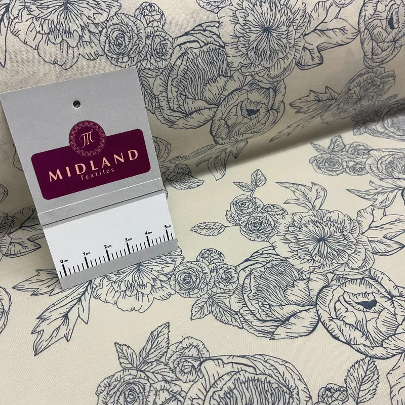 Roses and peony Vintage Floral Poly cotton printed fabric 110cm wide M1698