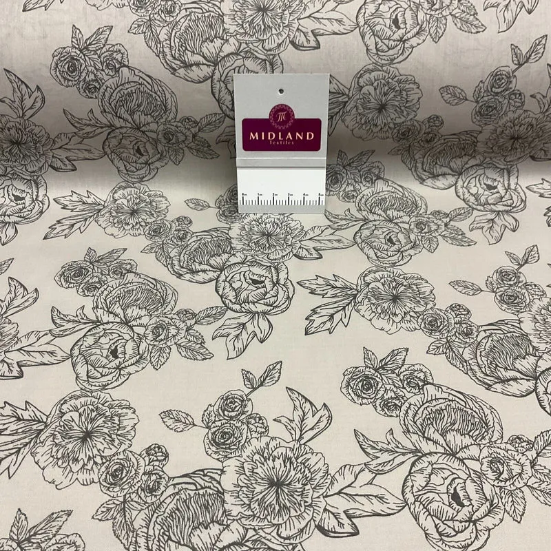 Roses and peony Vintage Floral Poly cotton printed fabric 110cm wide M1698